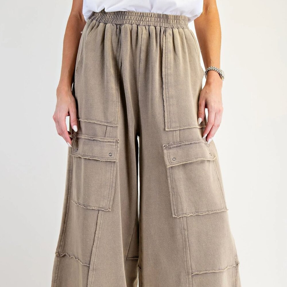 Easel Washed Faded Olive Terry Knit Cargo Pants - Picture 4 of 7